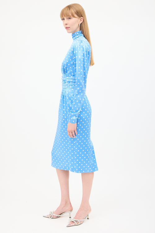 Alessandra Rich Blue & White Silk Polka Dot Ruched Midi Dress