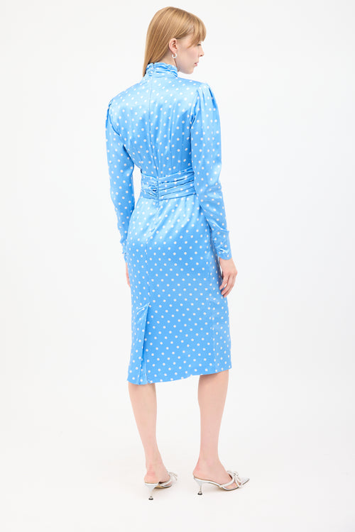 Alessandra Rich Blue & White Silk Polka Dot Ruched Midi Dress