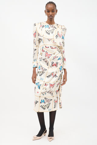 Alessandra Rich Cream & Multicolour Silk Printed Drape Dress