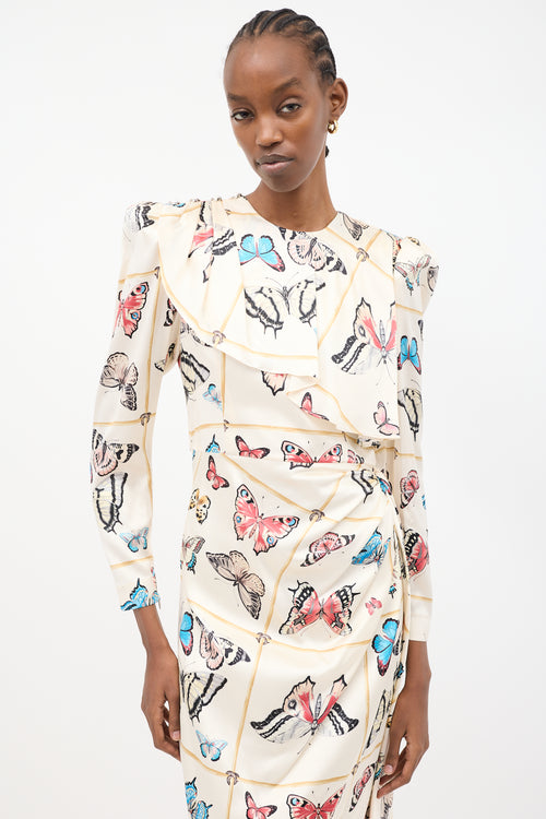 Alessandra Rich Cream & Multicolour Silk Printed Drape Dress