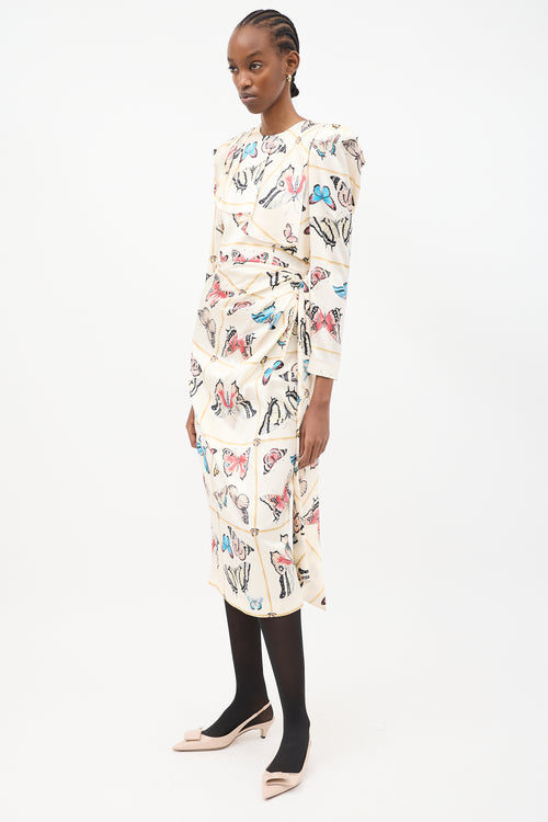 Alessandra Rich Cream & Multicolour Silk Printed Drape Dress