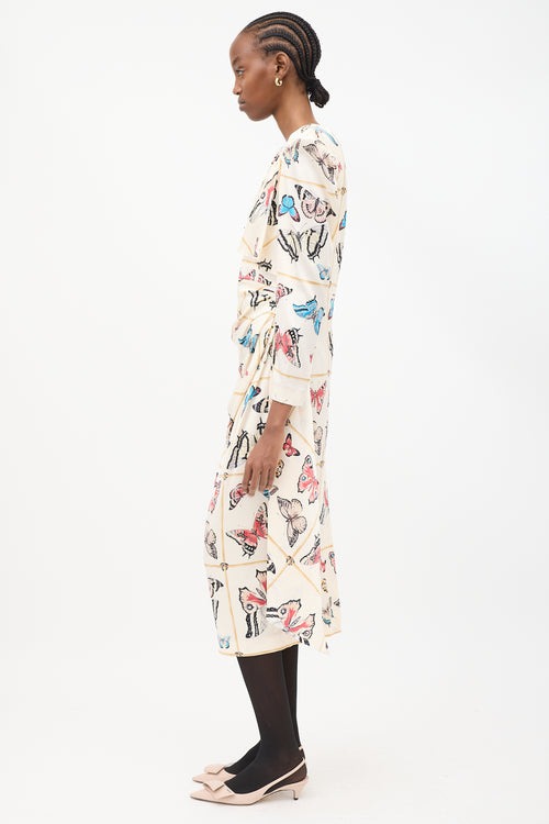 Alessandra Rich Cream & Multicolour Silk Printed Drape Dress