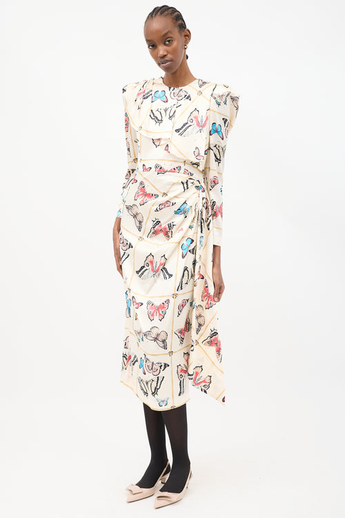 Alessandra Rich Cream & Multicolour Silk Printed Drape Dress