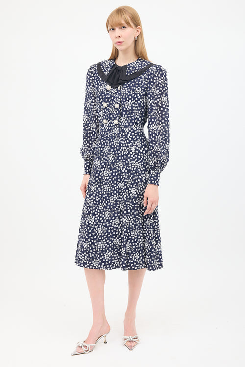 Alessandra Rich Navy & White Floral Double Breasted Midi Dress