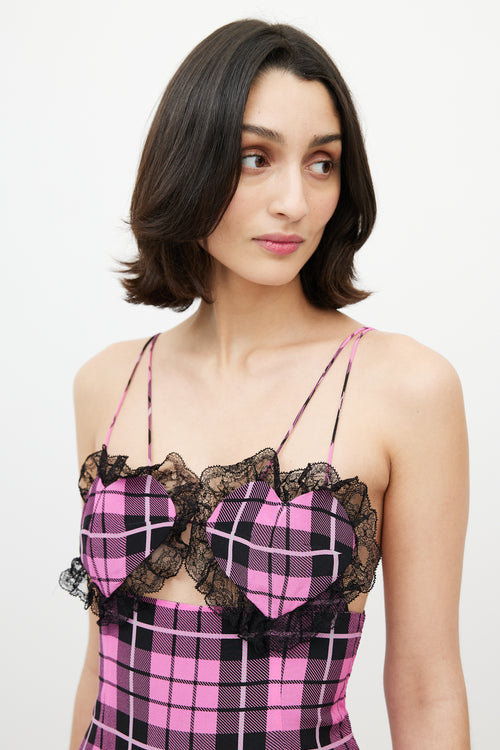 Alessandra Rich Pink & Black Silk Plaid & Lace Dress