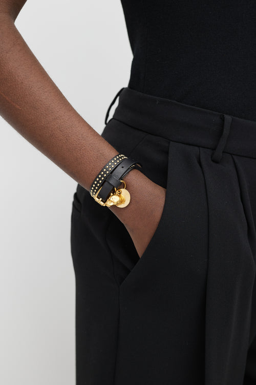 Alexander McQueen Black & Gold Leather Skull Wrap Bracelet