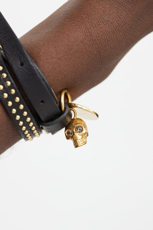 Alexander McQueen Black & Gold Leather Skull Wrap Bracelet