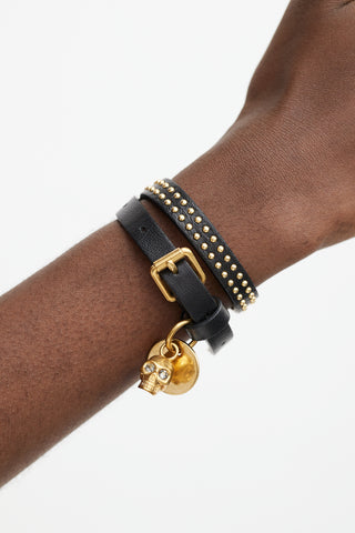 Alexander McQueen Black & Gold Leather Skull Wrap Bracelet