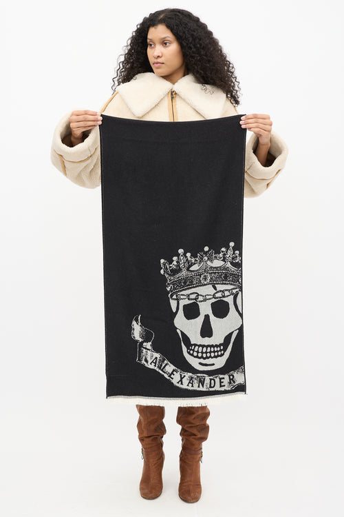 Alexander McQueen Black & White Skull Intarsia Fringe Scarf