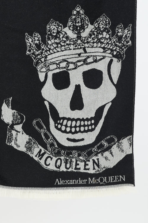 Alexander McQueen Black & White Skull Intarsia Fringe Scarf