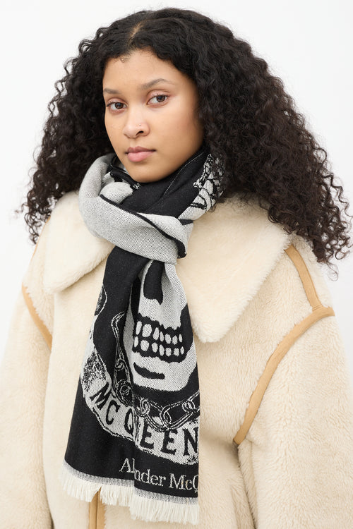 Alexander McQueen Black & White Skull Intarsia Fringe Scarf