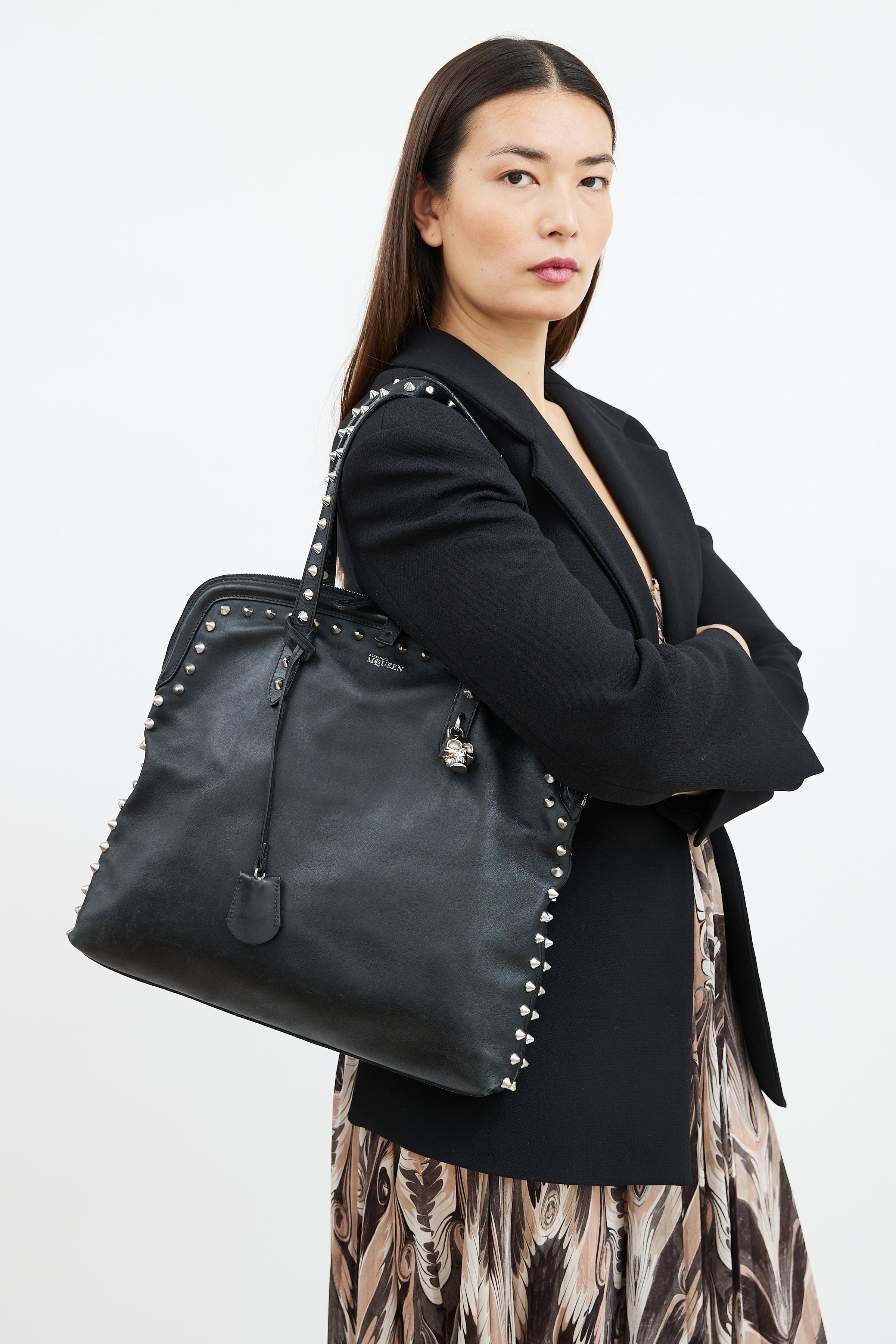McQueen // Black Leather Studded Skull Lock Tote Bag – VSP Consignment