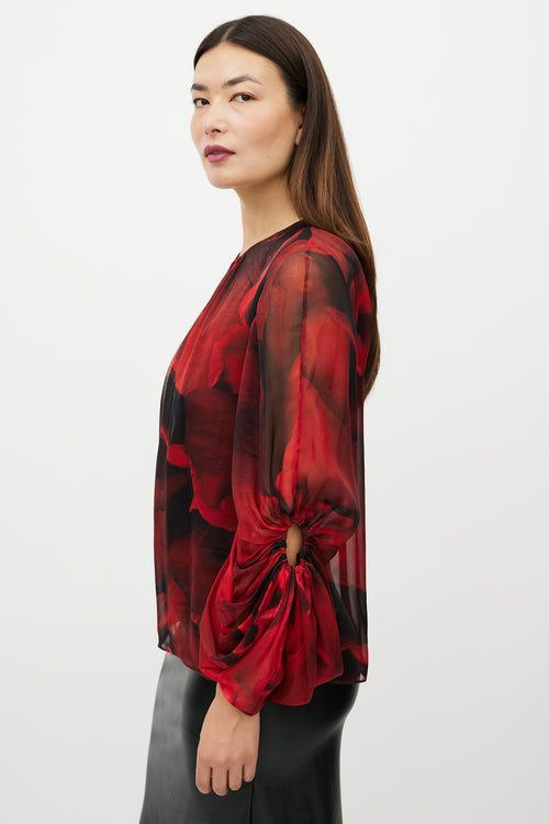 Alexander McQueen Black & Red Silk Floral Top