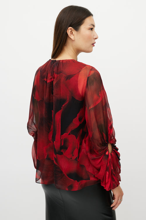 Alexander McQueen Black & Red Silk Floral Top