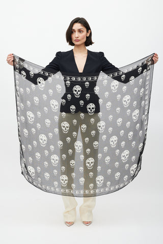 Alexander McQueen Black & White Silk Skull Print Scarf