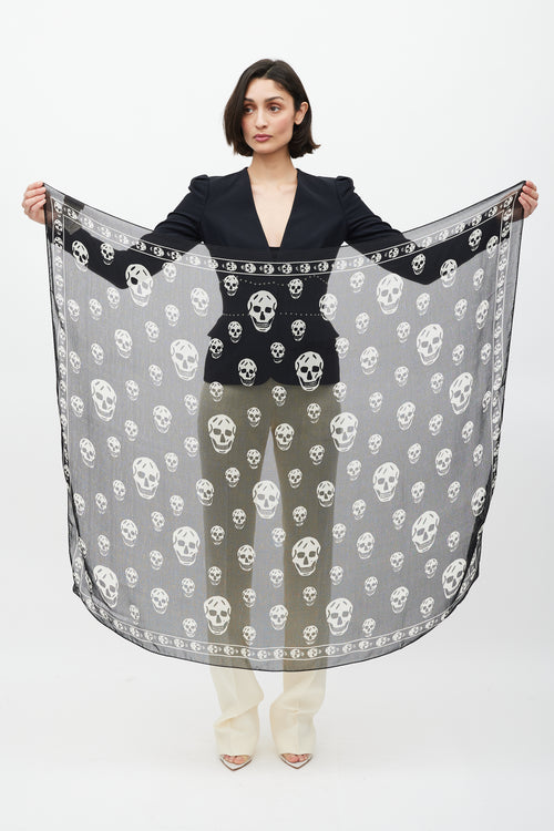 Alexander McQueen Black & White Silk Skull Print Scarf
