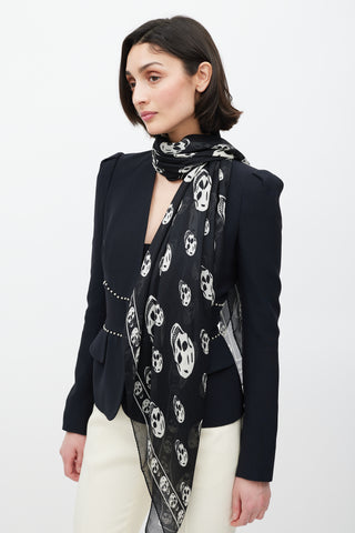 Alexander McQueen Black & White Silk Skull Print Scarf
