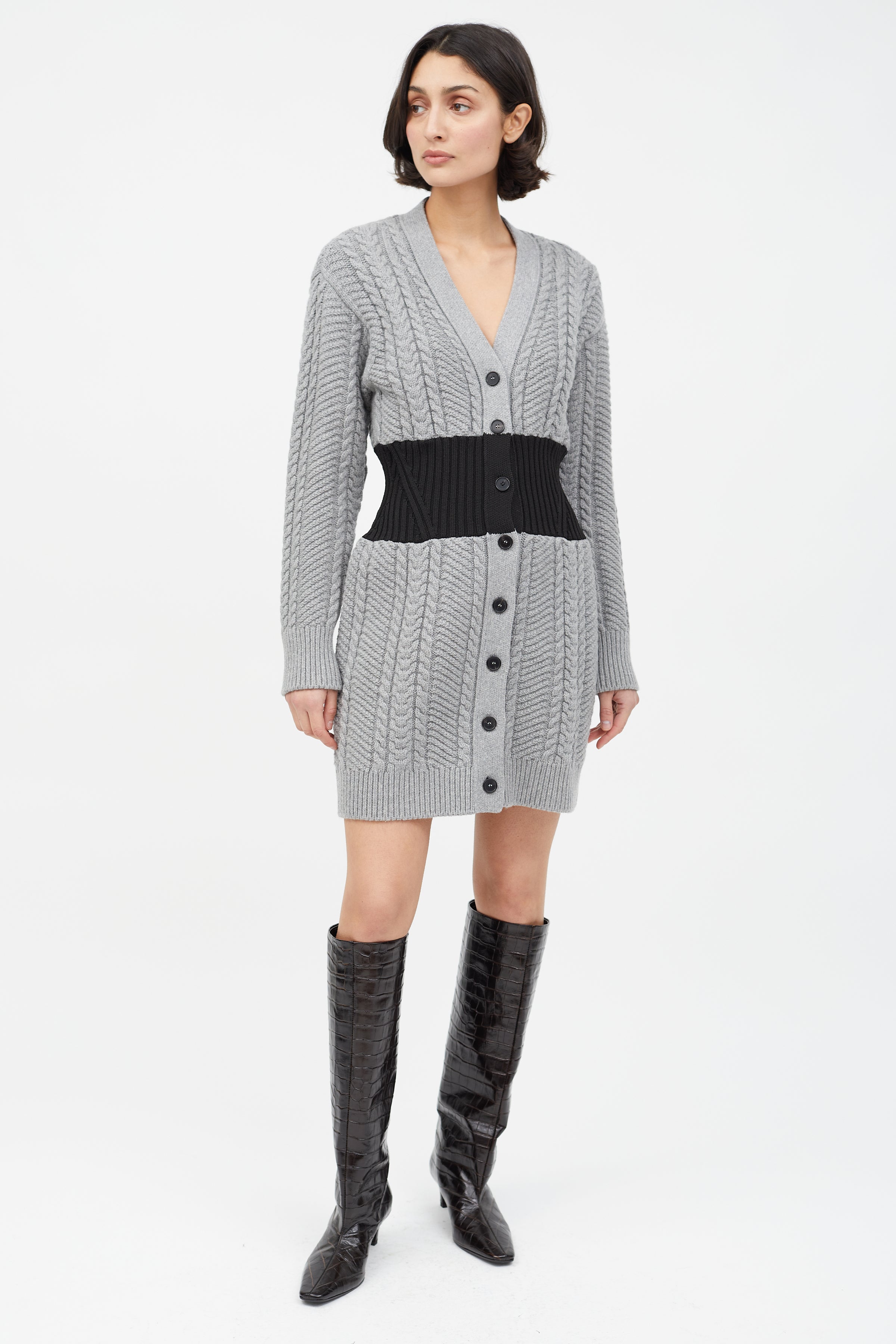McQueen // Grey & Black Cable Knit Sweater Dress VSP Consignment McQueen // Grey & Black Cable Knit Sweater Dress VSP Consignment