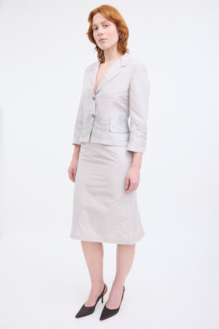 Alexander McQueen Grey Silk Floral  Skirt Suit