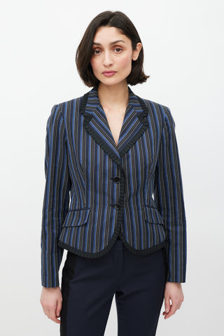 Alexander McQueen Navy & White Striped Ruffled Blazer