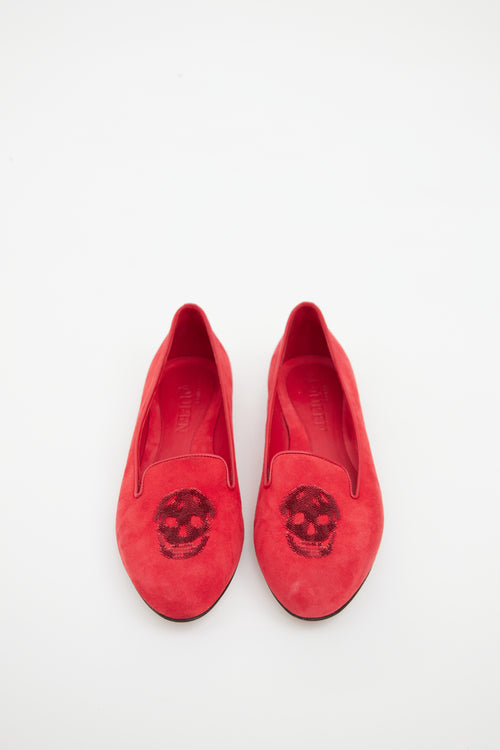 Alexander McQueen Red Suede Sequin Skull Flat