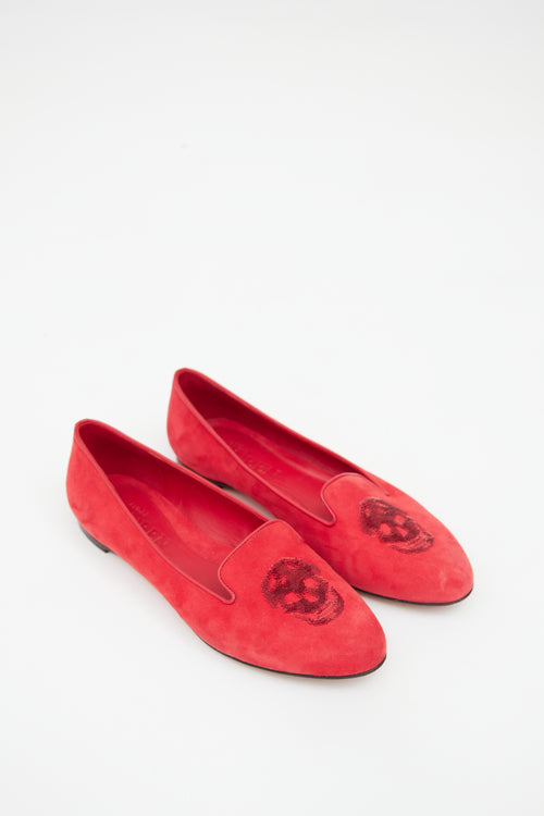 Alexander McQueen Red Suede Sequin Skull Flat