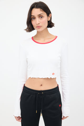 T by Alexander Wang White & Red Cropped Long Sleeve T-Shirt