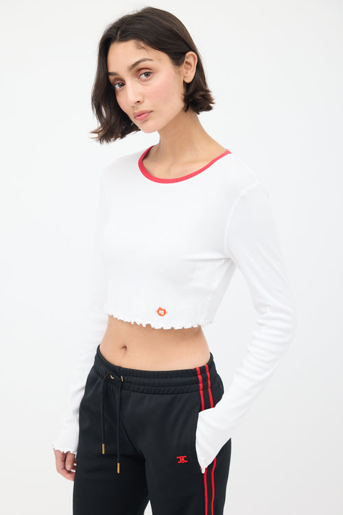 T by Alexander Wang White & Red Cropped Long Sleeve T-Shirt