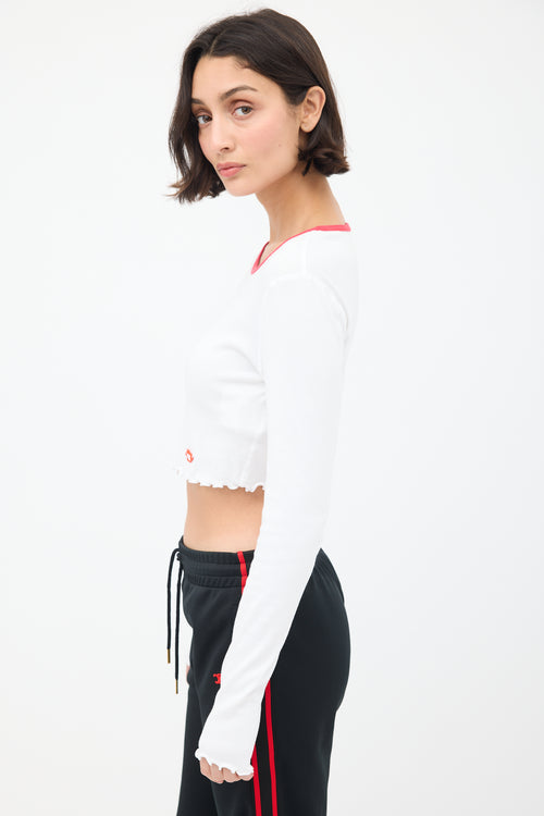 T by Alexander Wang White & Red Cropped Long Sleeve T-Shirt