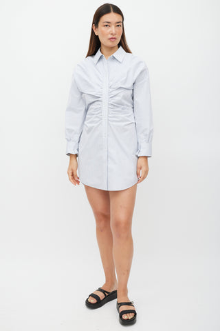 Alexander Wang White & Blue Plaid Gathered Shirt Dress