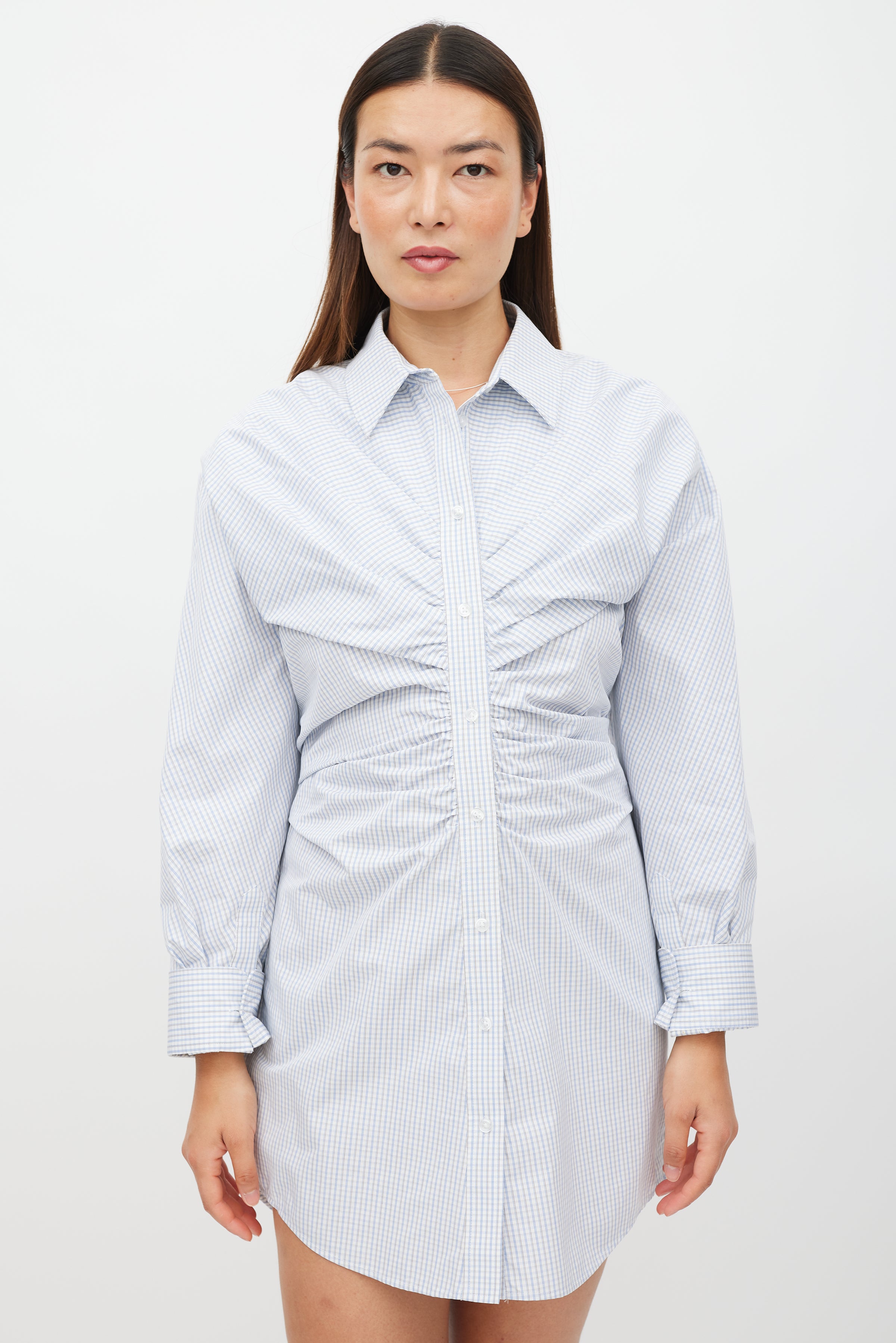 Alexander Wang // White & Blue Plaid Gathered Shirt Dress VSP Consignment Alexander Wang // White & Blue Plaid Gathered Shirt Dress VSP Consignment