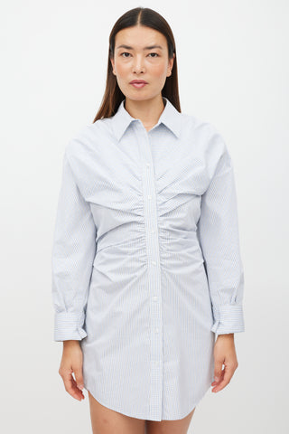 Alexander Wang White & Blue Plaid Gathered Shirt Dress