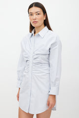 Alexander Wang White & Blue Plaid Gathered Shirt Dress