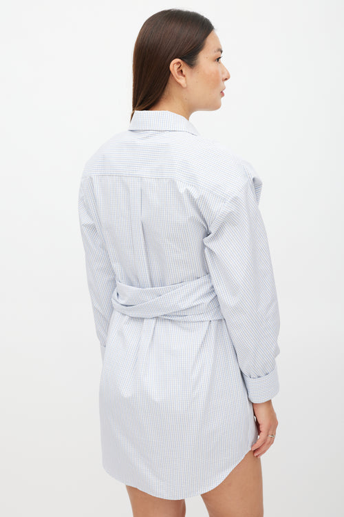 Alexander Wang White & Blue Plaid Gathered Shirt Dress