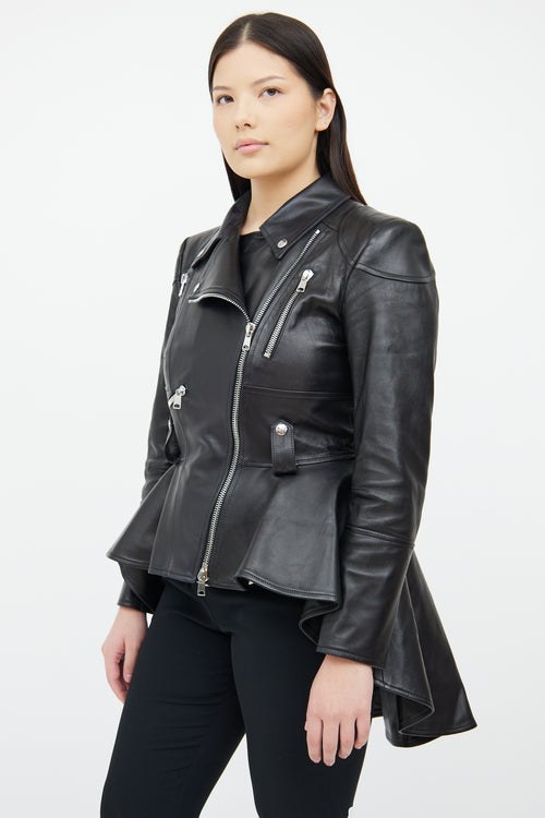 Black Leather Peplum Jacket Alexander McQueen