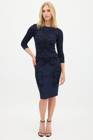 Alexander McQueen Navy & Black Ornate Intarsia Lace Midi Dress