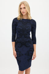 Alexander McQueen Navy & Black Ornate Intarsia Lace Midi Dress