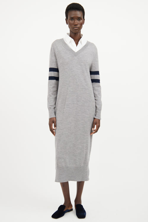 T by Alexander Wang Grey & Navy V Neck Long Sleeve Dress