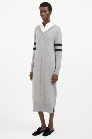 T by Alexander Wang Grey & Navy V Neck Long Sleeve Dress