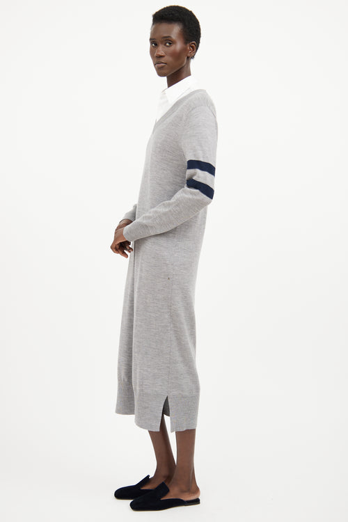 T by Alexander Wang Grey & Navy V Neck Long Sleeve Dress