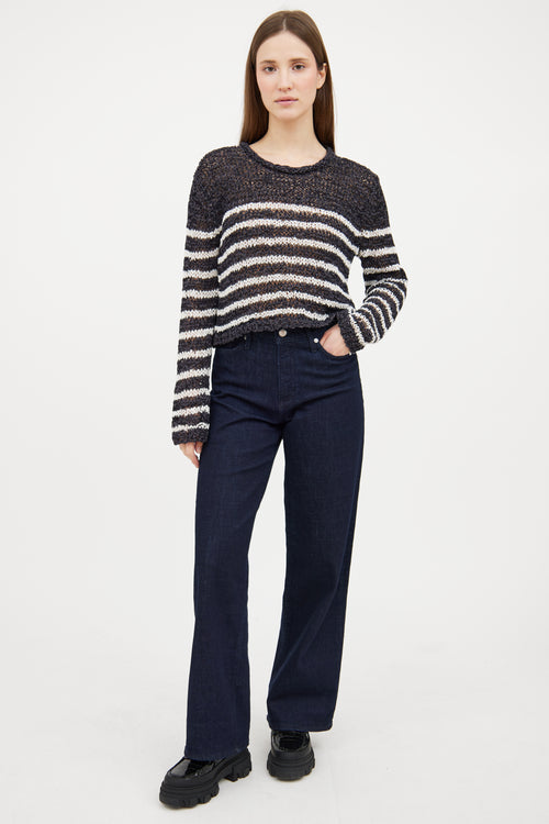 T by Alexander Wang Navy & White Woven Striped Sweater