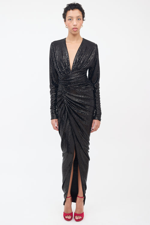 Alexandre Vauthier Black Sequined Draped Maxi Dress