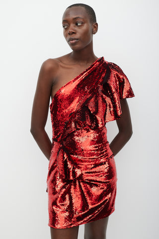 Alexandre Vauthier Red One Shoulder Gathered Sequin Dress