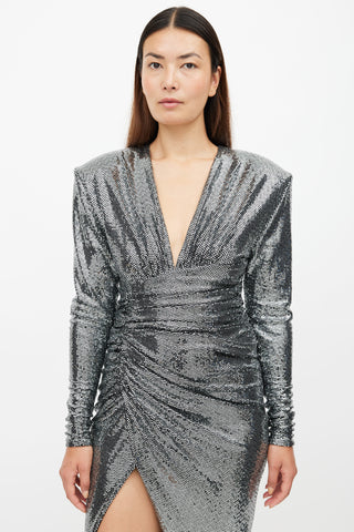 Alexandre Vauthier Silver Sequin V-Neck Long Sleeve Dress