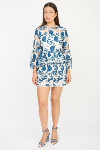 Alexis White & Blue Floral Crocheted Dress