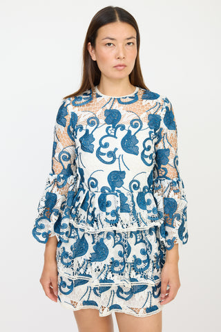 Alexis White & Blue Floral Crocheted Dress