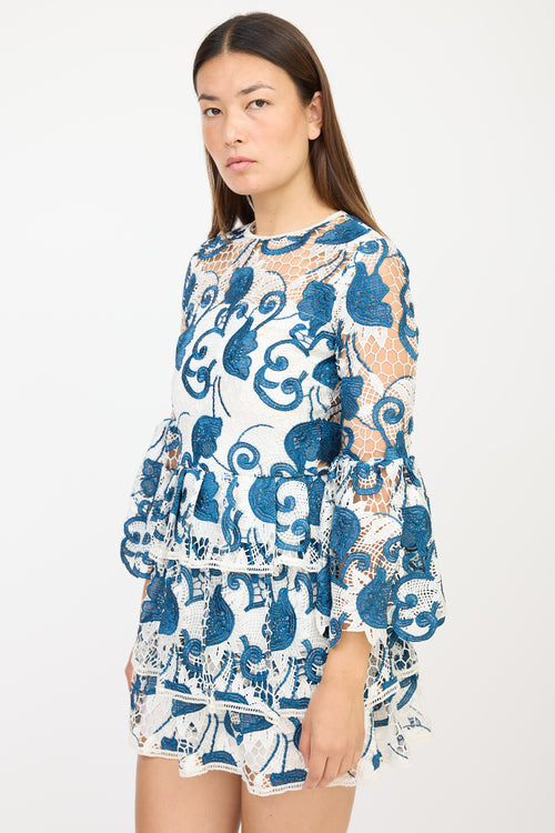 Alexis White & Blue Floral Crocheted Dress