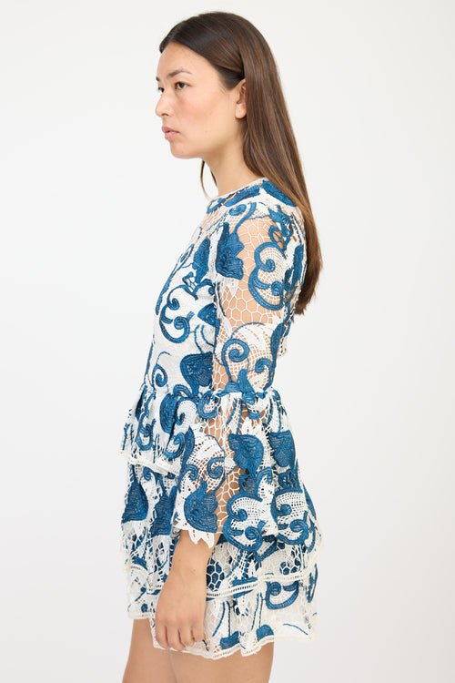 Alexis White & Blue Floral Crocheted Dress