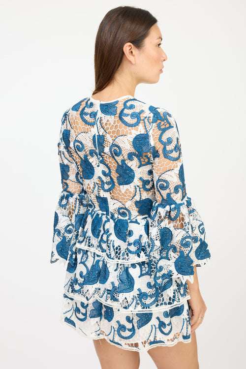 Alexis White & Blue Floral Crocheted Dress