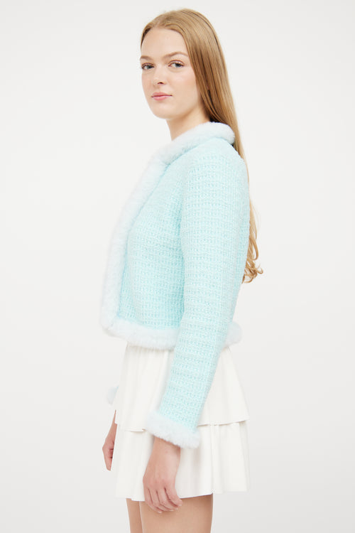 Alice + Olivia Blue Green Knit Faux Fur Trim Jacket